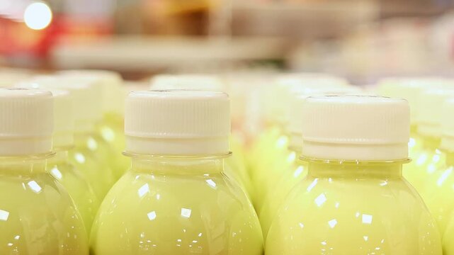 Close-up of bottled dairy fruit drink on supermarket shelf, retail beverage display.