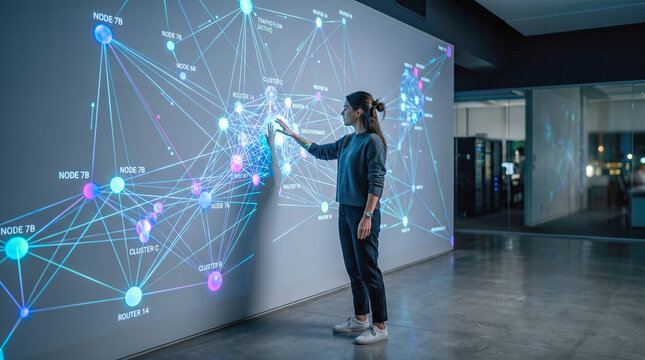 Smart female data scientist analyzing complex digital network connections touching interactive glowing hologram screen visualising modern big data machine learning algorithms