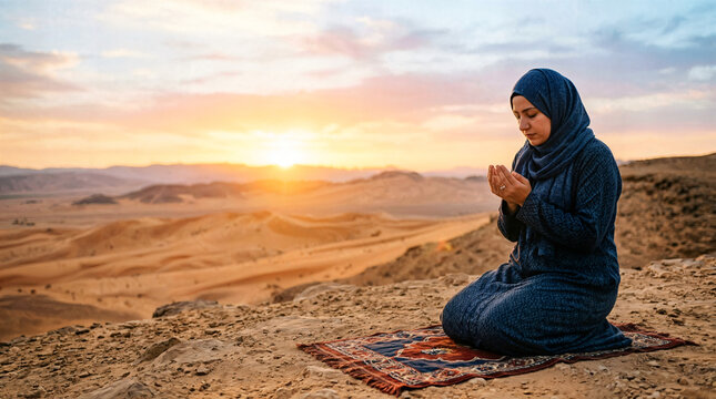 Muslim woman wearing hijab praying on rug in desert at sunset