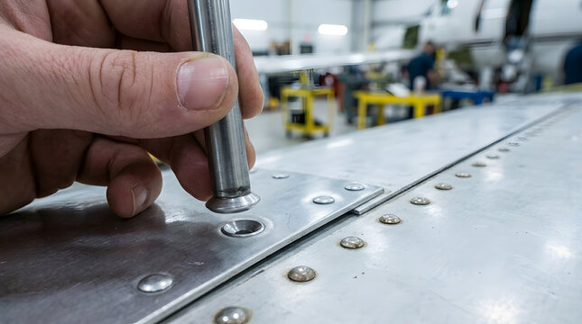 manual riveting process on aircraft wing | aerospace technician using rivet set tool |aircraft maintenance and repair workshop |close up of metal riveting in manufacturing | professional aerospace