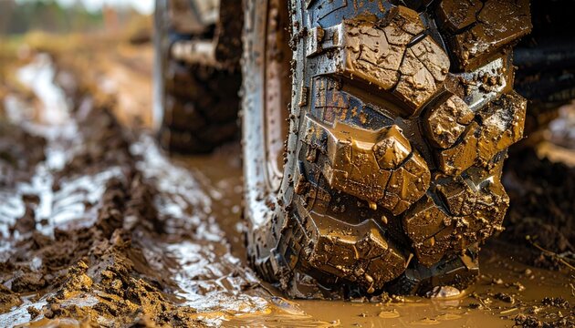 Extreme off-road tire sinks deep into thick, wet mud