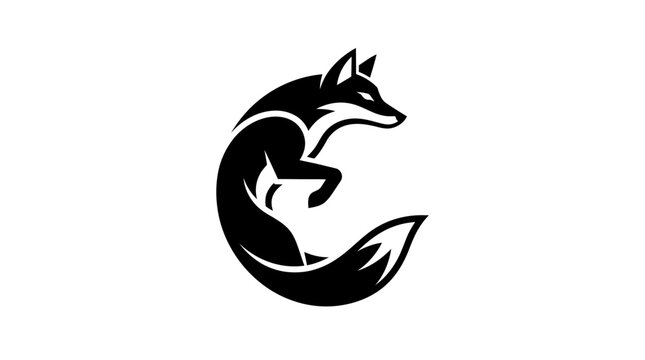 Minimalist black and white fox logo design illustration.