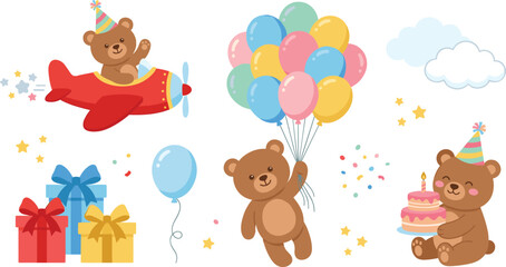 Obraz premium Cute Teddy Bear Birthday Party Collection with Balloons Gifts Airplane Cake and Celebration Elements Cartoon Vector Illustration