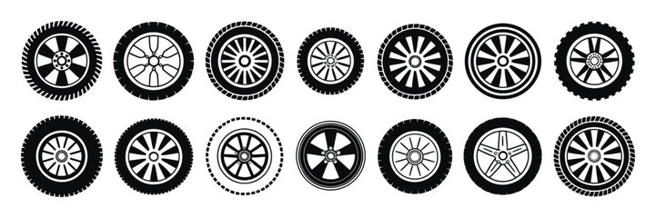 Auto Wheel and Tire set, Tire Tread Patterns, Dirty Track Marks and Racing Wheel illustrations in Clean vector style for Transportation and Vehicle design. © HossenMuhammod MunnA