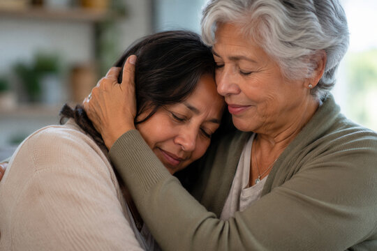 Senior woman embraces young daughter with tenderness