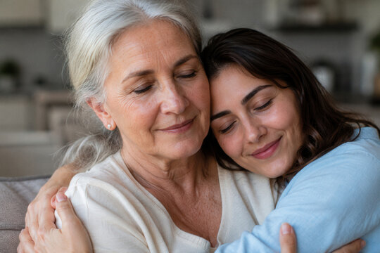 Two women embrace warmly, eyes closed in comfort
