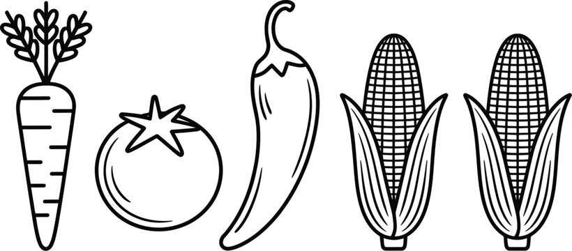 Vegetable icon set, fresh carrot tomato corn and chili pepper elements for healthy eating recipes and culinary projects