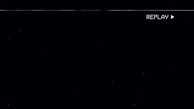 Replay vhs overlay with black screen, tv static noise, glitch grain. Suitable for retro, vintage, 80s, nostalgic video projects. 4K Video - Alpha Channel