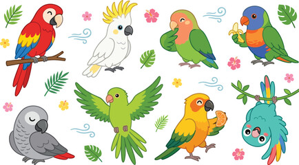 Cute Tropical Parrot Cartoon Collection Featuring Macaw Cockatoo Lovebird Lorikeet Conure and Colorful Exotic Bird Characters © MdNazmul