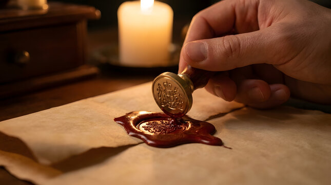 Hand pressing wax seal on old document | Vintage red wax seal stamp on parchment | Traditional letter sealing with candle light | Antique official document authentication