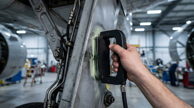 aircraft non-destructive testing magnetic particle inspection | technician using electromagnetic yoke on landing gear | aviation maintenance nondestructive examination MPI process | aircraft component
