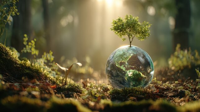 Climate action growing plant emerging from world sphere representing carbon reduction and planetary restoration focus on environmental responsibility theme vibrant Overlay sunrise forest backdrop.