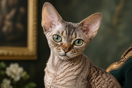Devon rex cat sitting on upholstered chair in interior portrait