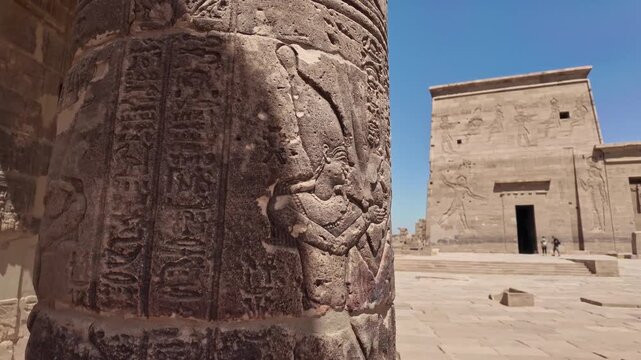 tourist Male traveler with backpack admiring the intricate hieroglyphic carvings on the massive columns of the philae temple complex in aswan, egypt