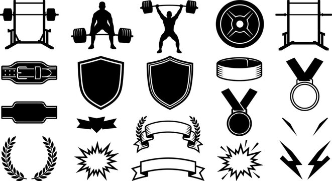 Weightlifting and fitness badge logo design elements vector set