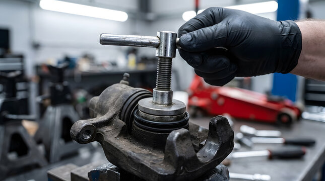Mechanic using brake caliper wind back tool | Compressing disc brake piston for car maintenance | Professional automotive brake repair service | Gloved hand working on vehicle braking system
