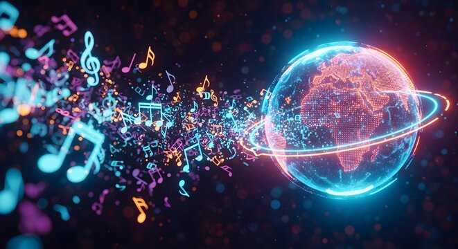 Vibrant music notes swirl around a glowing neon planet in space.