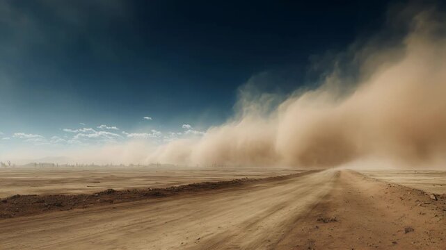 Dust storm moves across an open landscape with dirt road under a blue sky with clouds in the distance during daylight hours

