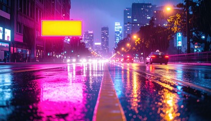 Obraz premium Neon-lit rainy cityscape with wet streets reflecting vibrant urban lights