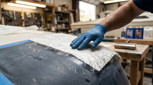 Fiberglass mat application for boat repair | Gloved hand working with composite materials | Professional fiberglass layup process in workshop | Automotive body work using fiberglass cloth
