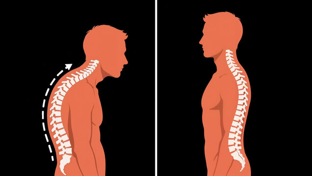 A comparison of two poses. The left half depicts a hunched figure with a curved spine. The right half depicts a figure with a straight spine.