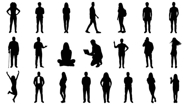 Set of diverse silhouettes showing different human poses and actions isolated on transparent background, Vector
