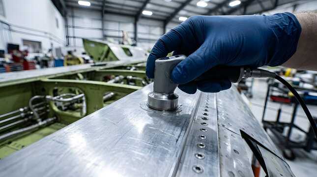 Non-destructive testing on aircraft wing | Aerospace quality control inspection | Ultrasonic probe testing in aviation hangar | NDT technician checking structural integrity