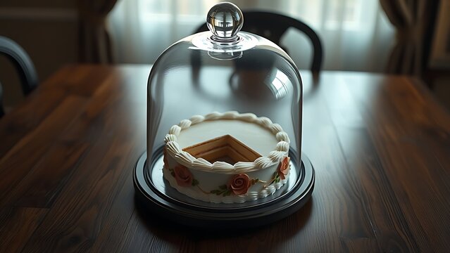 otherwise. Ornate cake under glass dome on empty wooden table, soft overhead light. symbolizing life milestones and joyful moments.