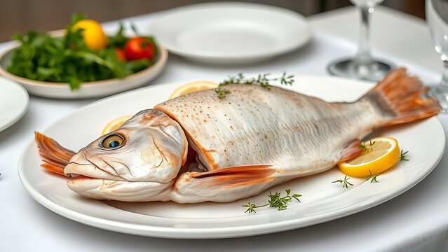 turbot. A cooked whole turbot on a white porcelain plate with lemon slices and fresh herbs. menu design, packaging mockups, designed for culinary blogs and recipe cards for restaurants.