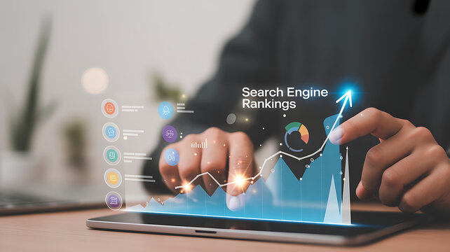 Person analyzing digital marketing search engine rankings graph on tablet screen with upward trend arrow
