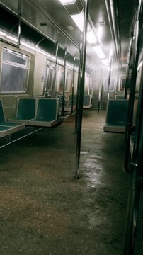 The setting shows a quiet subway car during the evening. The seats are made of worn material and the floor is wet. There is limited light while poles stand in the middle.