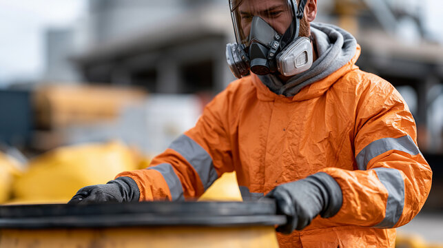 Hazmat technician in full encapsulation suit and supplied air apparatus transferring chemical into intermediate bulk container inside secondary containment bund, chemical handling