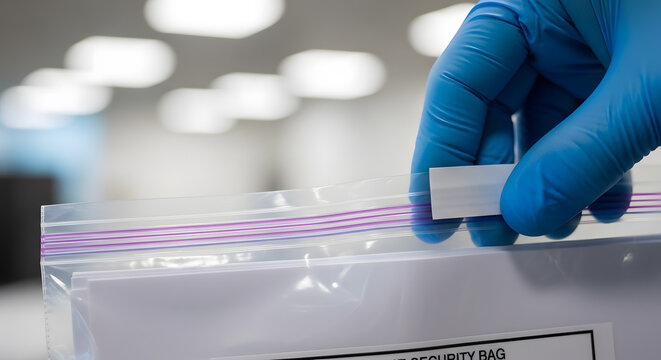 Gloved hand sealing security bag | Confidential payroll document storage | Secure handling of sensitive business records | Evidence collection in laboratory