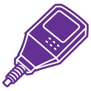 A simple purple and white line art illustration of a digital measuring device with a screen and buttons depicting technology and scientific equipment for various applications