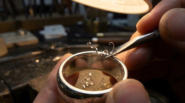 professional jewelry engraving by hand| master artisan working on silver ring| close up of jeweler carving metal patterns| traditional craftsmanship in jewelry studio