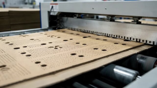 Dynamic medium shot focusing on perforation die cutting in packaging creating tear lines and ventilation holes to improve usability and air circulation in product boxes
