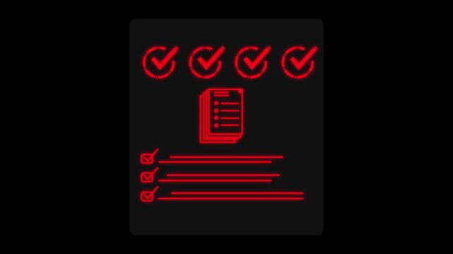 Model with quality checklist and approval icons, evaluation concept, mortgage approval and housing security vote decision red planning, application list check.