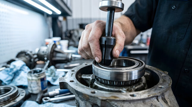 Professional mechanic using bearing puller tool | Automotive differential repair and maintenance | Industrial machine part assembly process | Manual labor in professional garage workshop