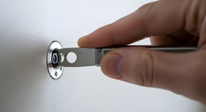 Hidden camera lens inspection in white wall | Professional surveillance camera installation tools | Detecting secret spy equipment | Hand using metal tool for pinhole camera