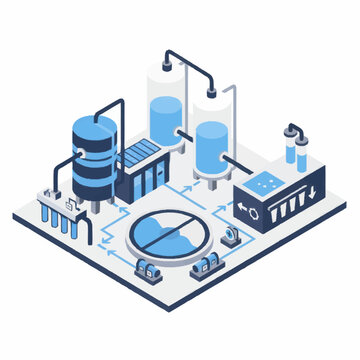 Industrial water treatment plant isometric illustration.