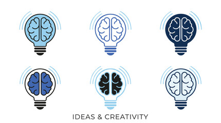 Creative brain lightbulb icons set, 6 vector idea symbols for innovation and brainstorming, blue and black light bulb silhouettes for business creativity © Iconify Studio