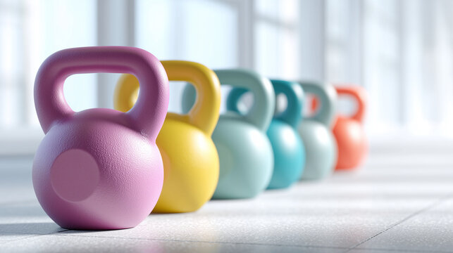 Colorful kettlebells arranged in a modern gym for fitness training