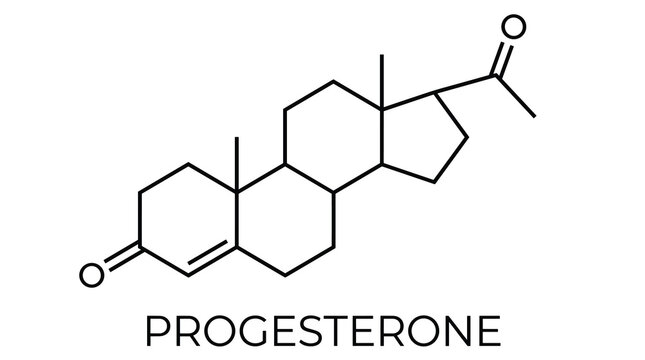 Progesterone chemical formula vector, molecular structure of steroid hormone, skeletal formula of female sex hormone for medical education