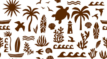 Obraz premium Tropical Summer Vibes Seamless Pattern with Palm Trees, Surfboards, and Ocean Waves