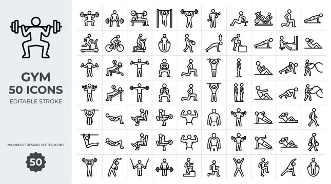 Gym and fitness line icons set, 50 workout exercise vector symbols with editable stroke, bodybuilding and weightlifting training illustrations