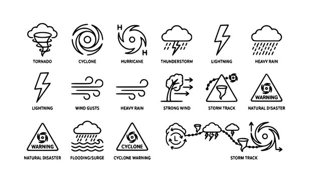 Storm tornado and hurricane weather icon pack editable outline cyclone vector collection