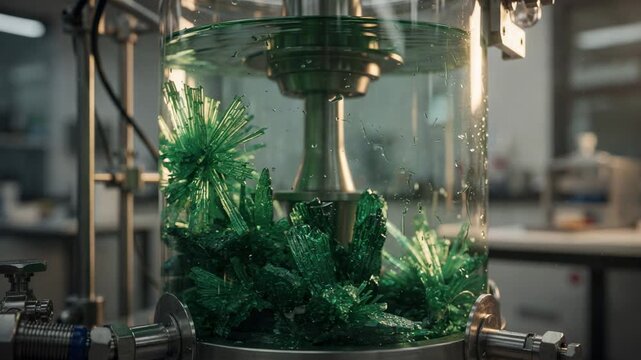 Green phthalocyanine pigment crystallizing within a hightemperature enclosed vessel highlighting industrial chemical processes in a laboratory setting