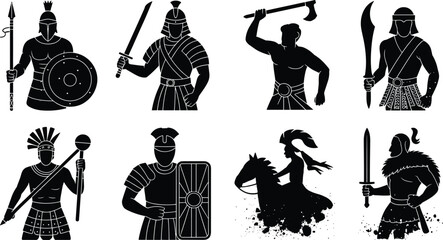 Naklejka premium Ancient warrior silhouette vector set with spears, swords, shields, horse rider, and historical battle poses