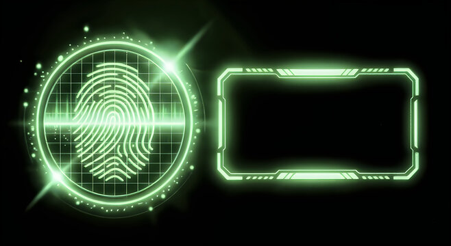 Glowing green neon biometric fingerprint scanner with empty wireframe text template