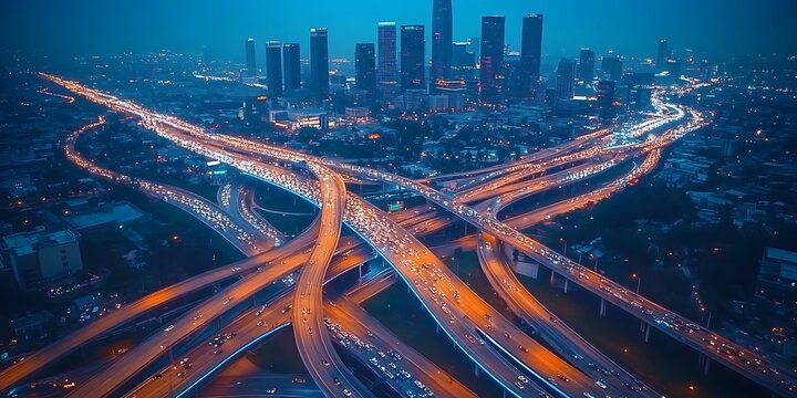 Aerial view of complex highway interchange at night with city skyline in background.